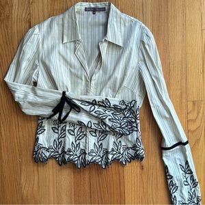 Hale Bob Pinstriped Cotton Long Sleeve Embroidered Blouse Velvet Ribbon Trim